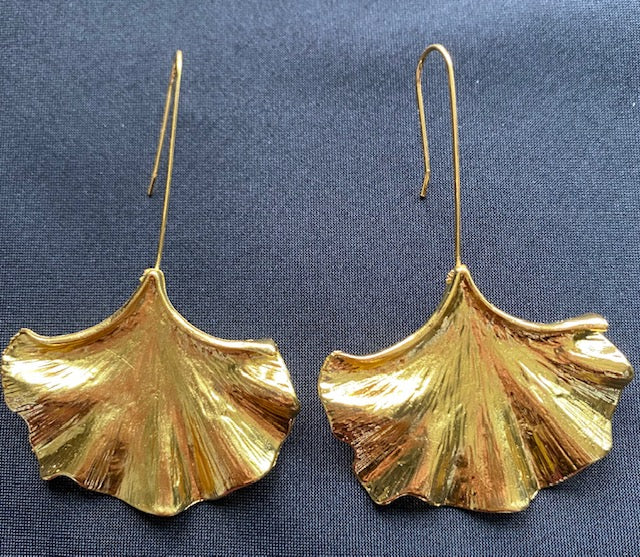 Gold Ginkgo Leaf Hammered Hook Drop Earrings